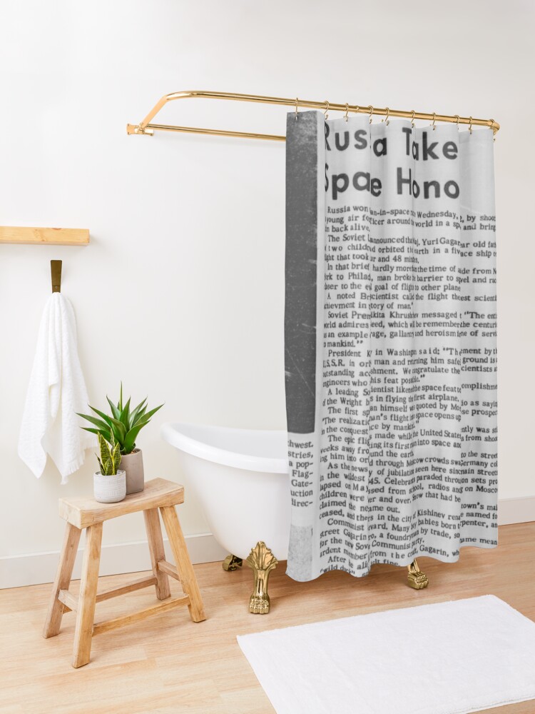 Alternate view of Old Historical Newspaper. Russia Takes Space Honors. Newsprint Shower Curtain
