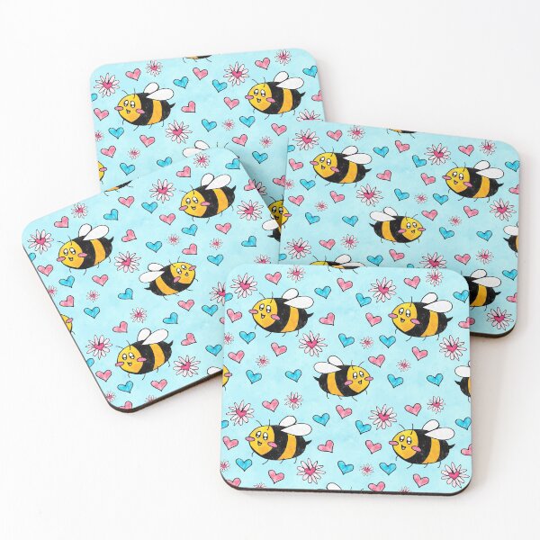 Item preview, Happy Bees, Flowers and Hearts Pattern- Blue Background designed and sold by Bumblefuzzies.