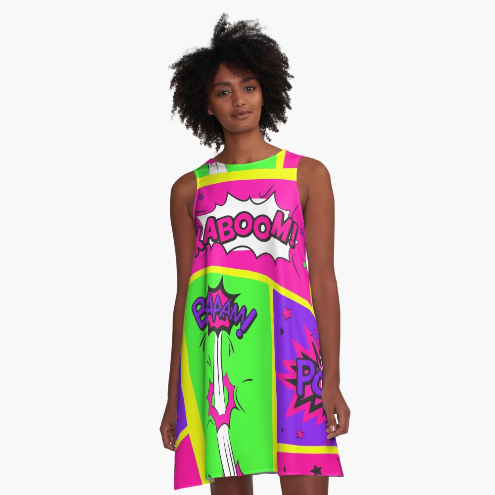 Bright and Colorful Comic Book Art A-Line Dress