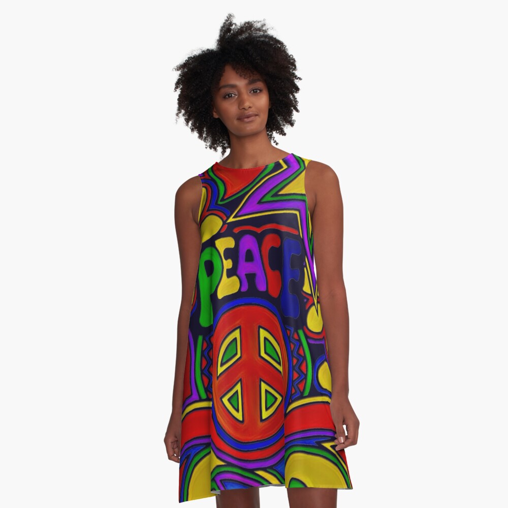 Peace and Love Retro Hippy Design A-Line Dress