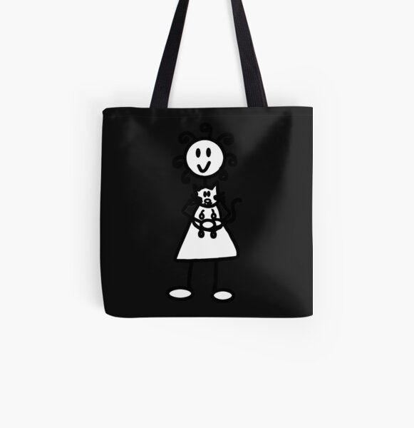 The Girl with the Curly Hair Holding Cat - Black All Over Print Tote Bag