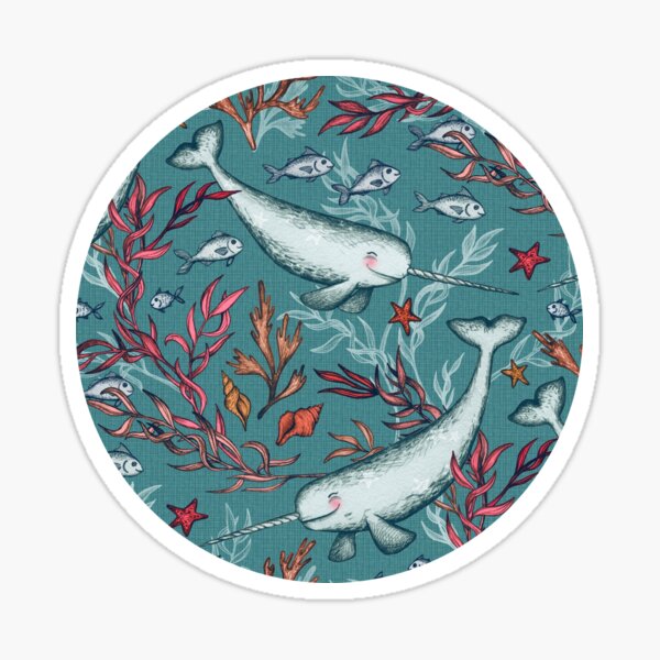 Narwhal Toile - teal blue Sticker