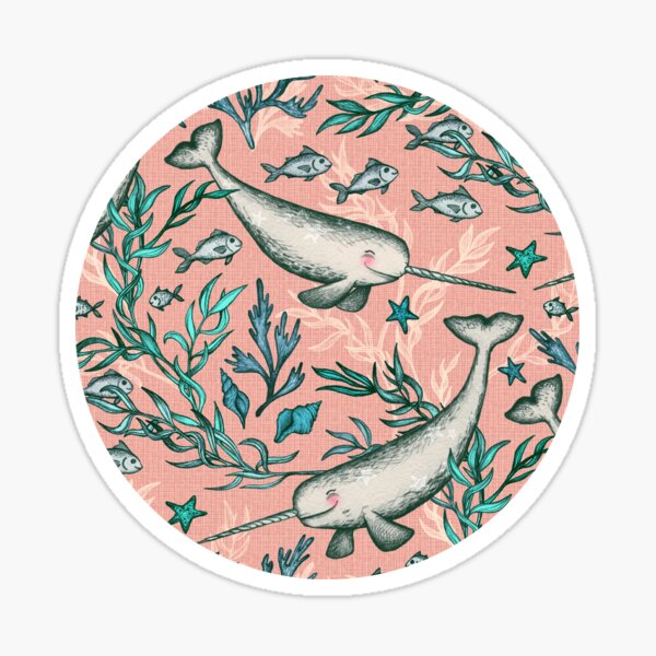 Narwhal Toile - peach pink Sticker