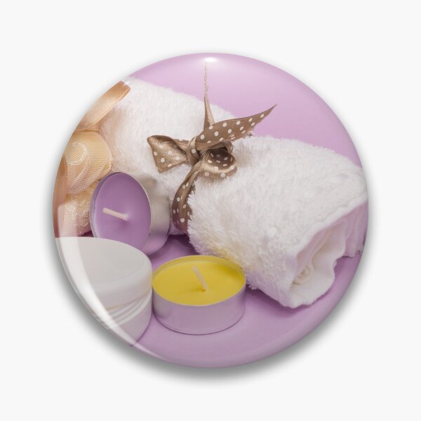 Item preview, beauty set with body cream soap, candle and white tablecloth on a violet background designed and sold by graphic3000.