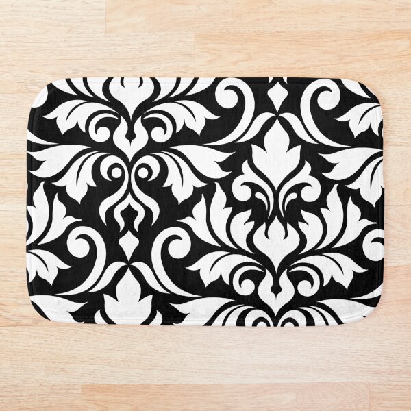 Flourish Damask Art I White on Black Bath Mat