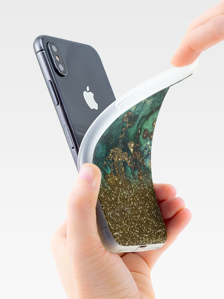 Alternate view of Malachite Green Marble and Gold Glitter iPhone Case & Cover