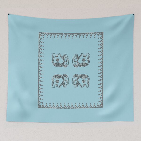 Item preview, Ancient Indian traditional art work, four Elephant in square border art, neck gator vintage, Gray color design with light blue background designed and sold by DukeDoctor.