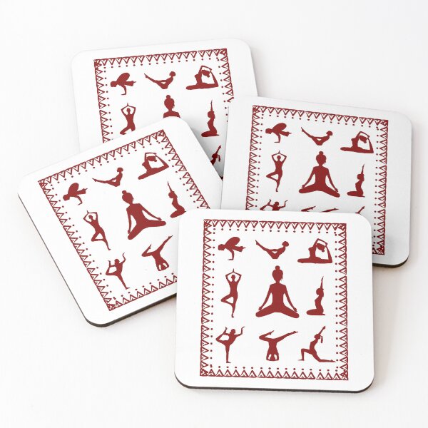 Item preview, Indian art, Yoga theme nine aashanas in a square border art, neck gator vintage, dark red design with white background designed and sold by DukeDoctor.