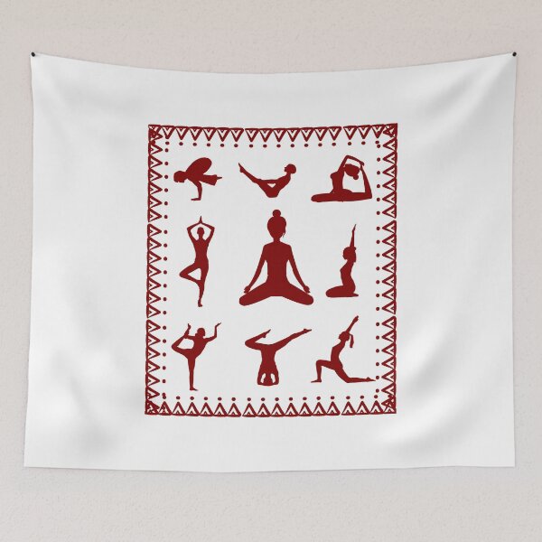 Item preview, Indian art, Yoga theme nine aashanas in a square border art, neck gator vintage, dark red design with white background designed and sold by DukeDoctor.