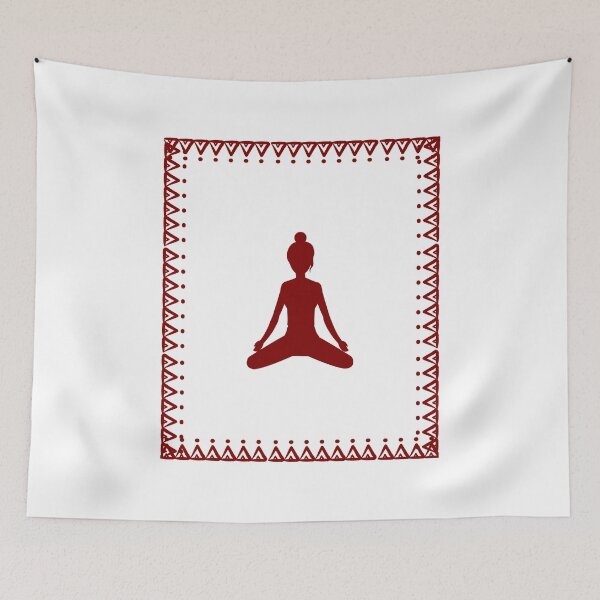 Item preview, Indian art, Meditating girl in a square border art, neck gator vintage, dark red design with white background designed and sold by DukeDoctor.