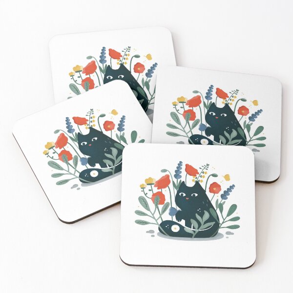 Item preview, Black cat in the garden with flowers  designed and sold by crealizable.