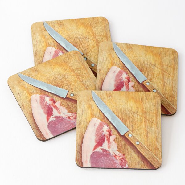 Item preview, Raw pork meat and knife on wooden cutting board. designed and sold by IaroslavB.
