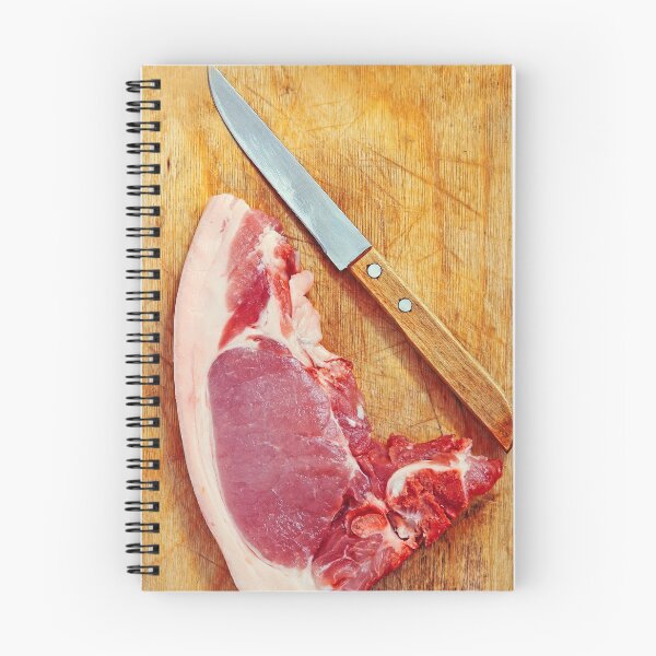 Item preview, Raw pork meat and knife on wooden cutting board. designed and sold by IaroslavB.