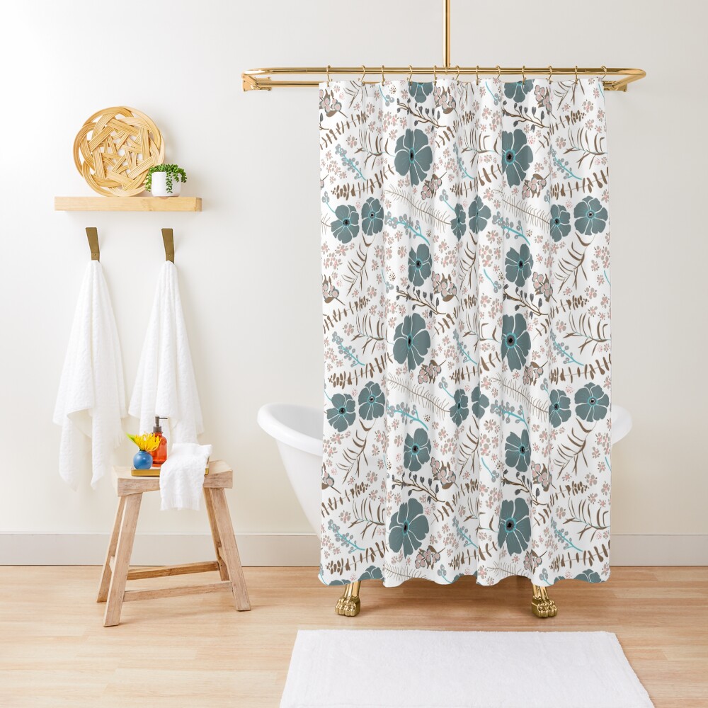 "Teal & Brown Spring Floral Mix" Shower Curtain by StudioPosies Redbubble