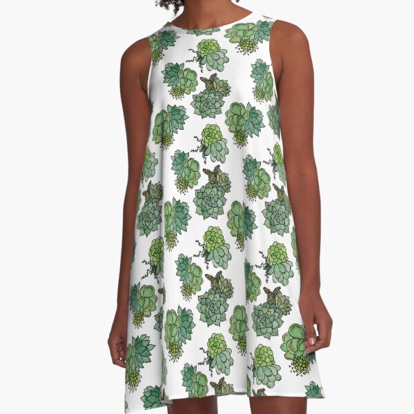 Fresh Succulent Pattern A-Line Dress