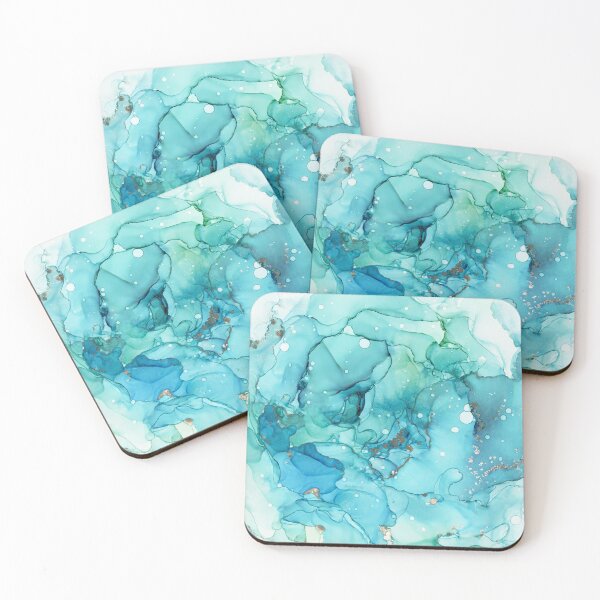 Mermaid Tears - Teal Chrome Abstract Ink Painting Coasters (Set of 4)