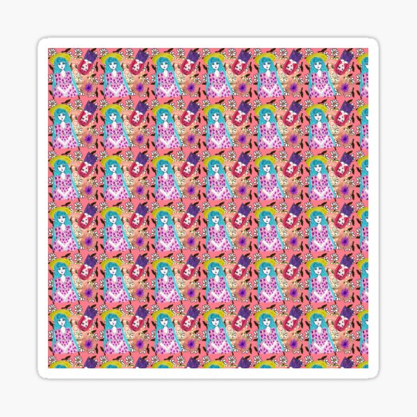 blue haired girl pattern pink Sticker