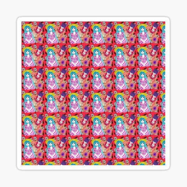 blue haired girl pattern red Sticker