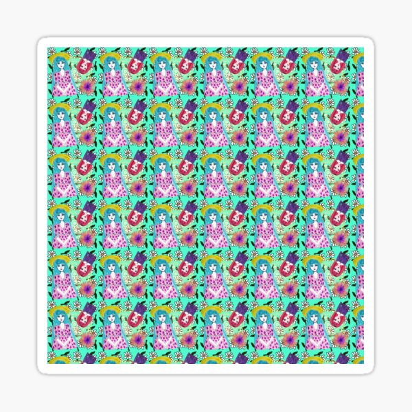 blue haired girl pattern green Sticker