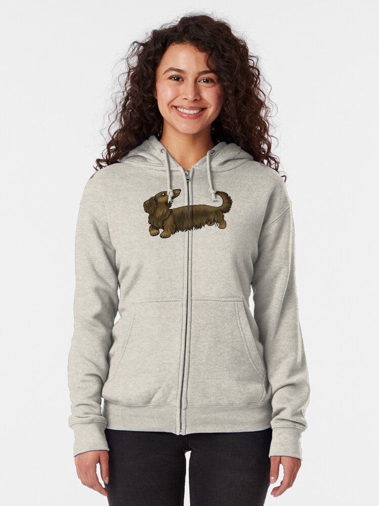 Alternate view of Long Haired Dachshund - Brown and Tan Zipped Hoodie