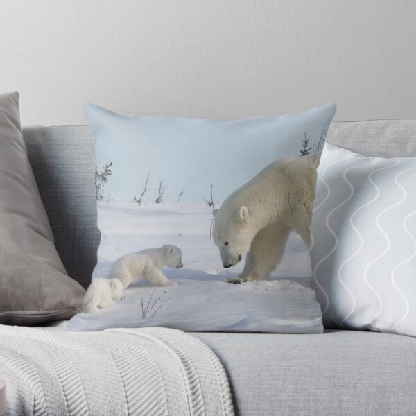 Mother polar bear watching over her two newborn cubs Throw Pillow