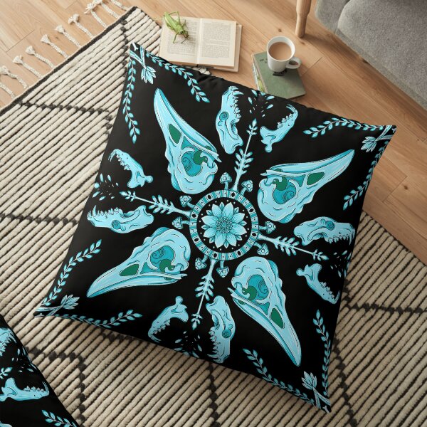 Designer Bird Skull - Blue Floor Pillow