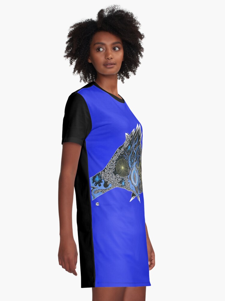 Aperçu 2 sur 5. Robe t-shirt avec l'œuvre "Mains Univers" (bleue) par CEZA créée et vendue par atelierdeceza.