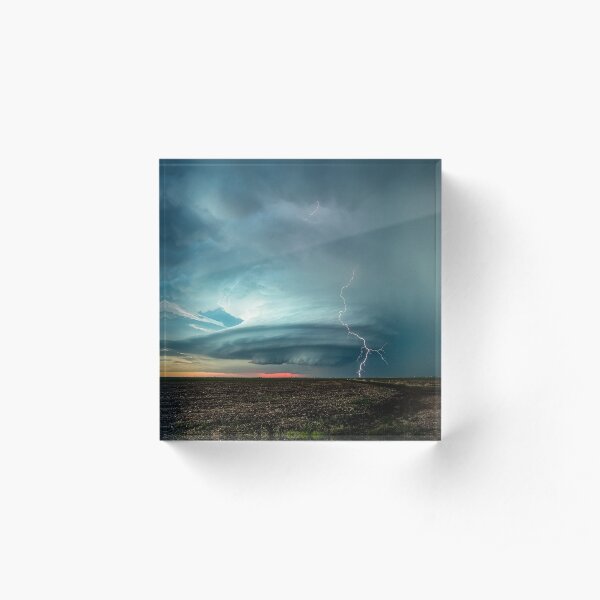 A Memorable Evening - Supercell Storm and Lightning at Sunset in Kansas Acrylic Block