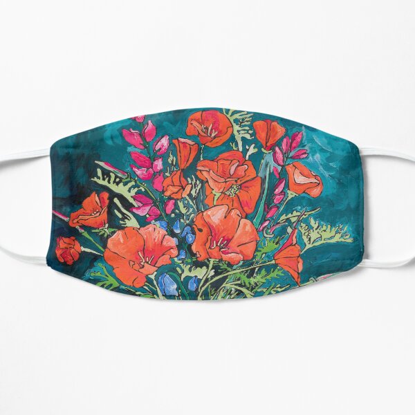 California Poppy Bouquet Painting with Tigers on Emerald Green Flat Mask