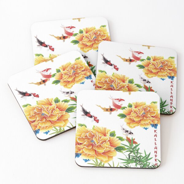 Item preview, Colored china painting with yellow chrysanthemums koi carp bamboo designed and sold by Kallandra.
