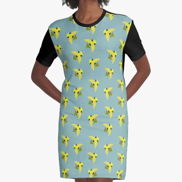Geometrik Vögeln Gelb T-Shirt Kleid