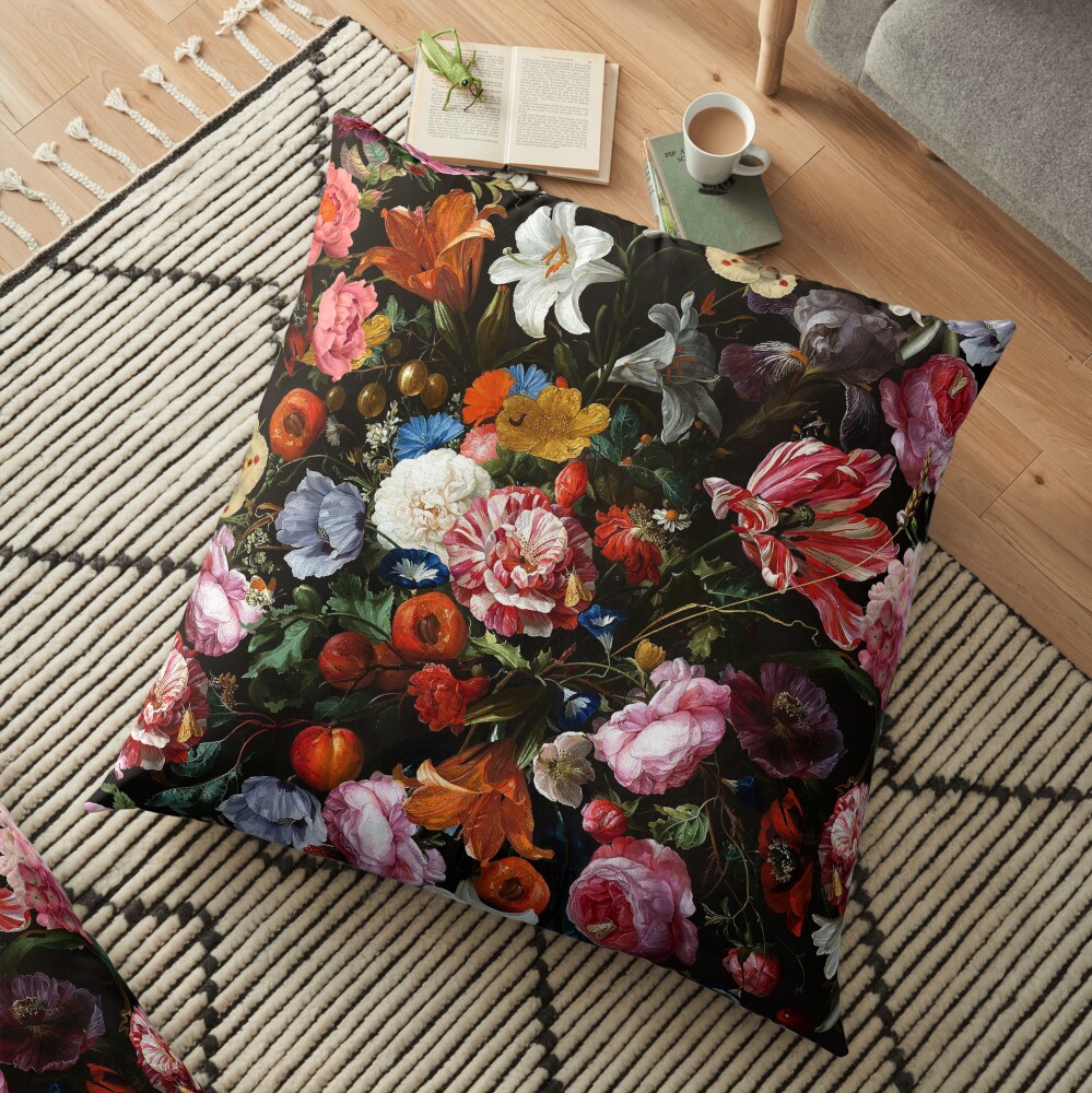 Dutch Botanical Flowers Midnight Garden Floor Pillow