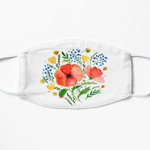 Flower bouquet with poppies - red, green and yellow Flat Mask