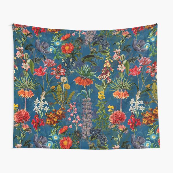 Vintage Blue Springflower Meadow Night Tapestry