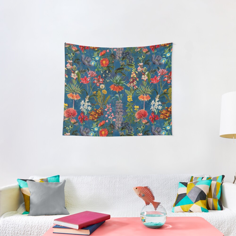 Vintage Blue Springflower Meadow Night Tapestry