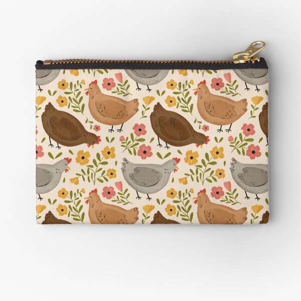 Aperçu de l'œuvre  poulets d'aspect paisible et fleurs roses et jaunes. créée et vendue par ohjessmarie.