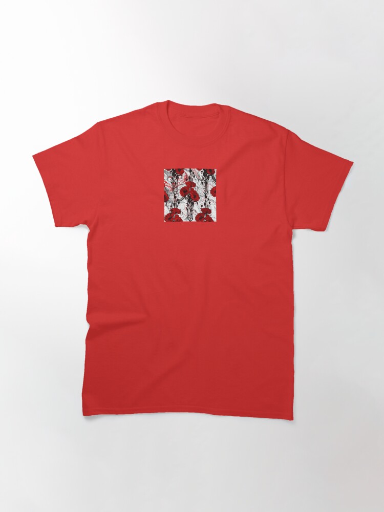 Thumbnail 2 of 7, Classic T-Shirt, Art Nouveau Poppy Dream III, Red, Black and White designed and sold by MeganSteer.