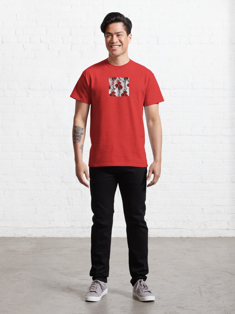 Thumbnail 3 of 7, Classic T-Shirt, Art Nouveau Poppy Dream III, Red, Black and White designed and sold by MeganSteer.