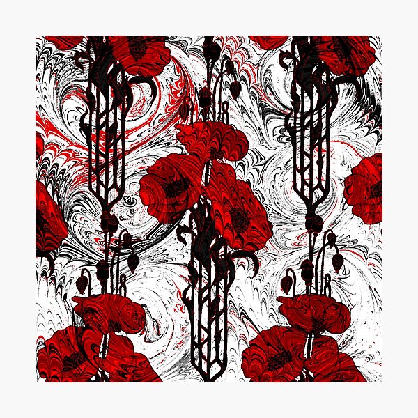 Art Nouveau Poppy Dream III, Red, Black and White Photographic Print