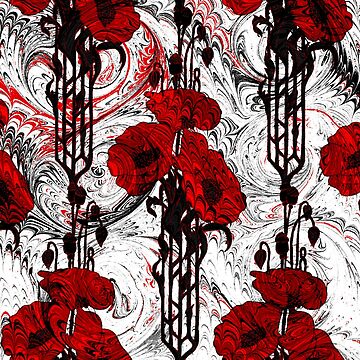 Artwork thumbnail, Art Nouveau Poppy Dream III, Red, Black and White by MeganSteer