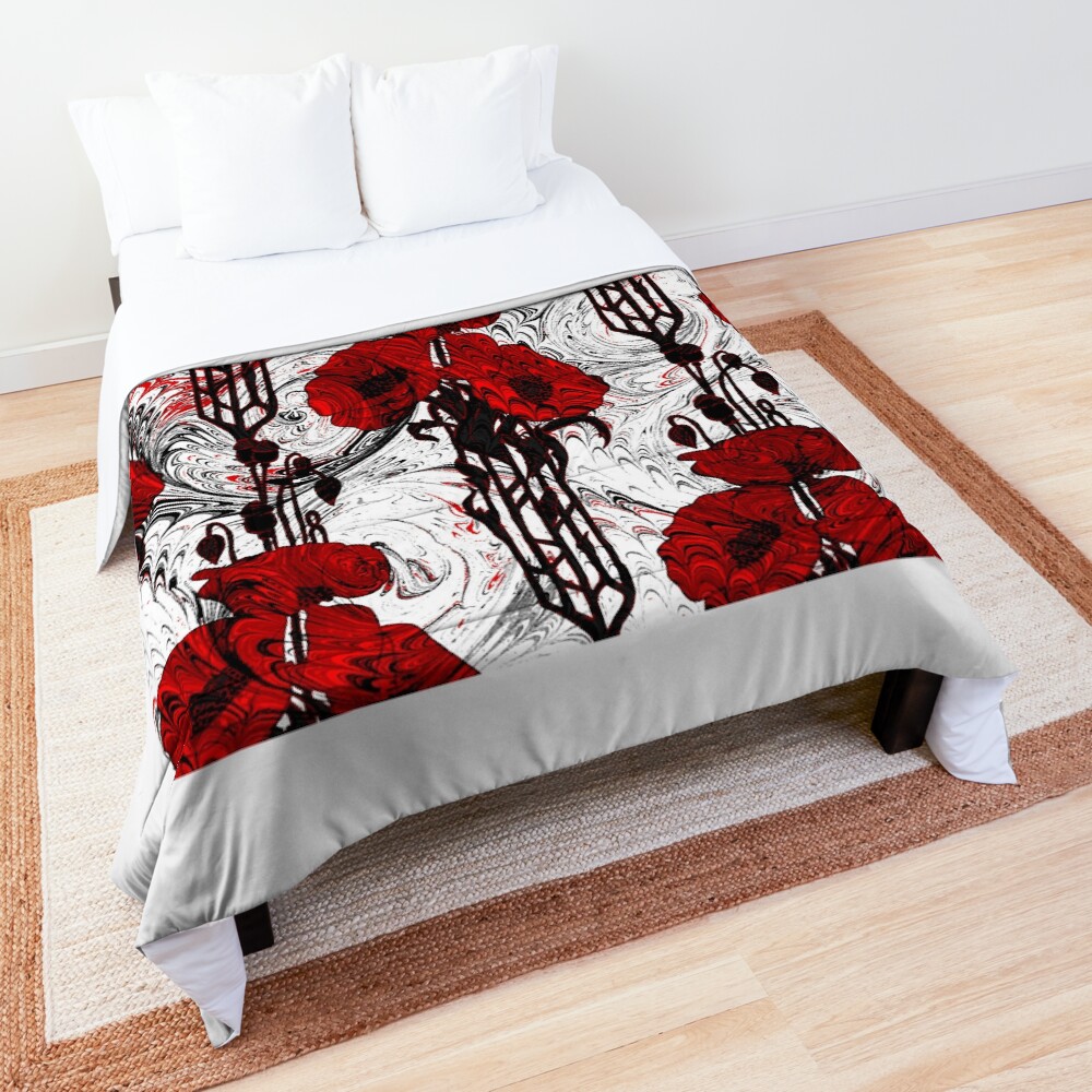 Art Nouveau Poppy Dream III, Red, Black and White Comforter