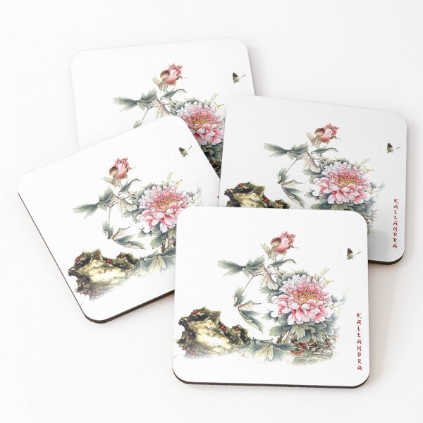 Item preview, Chinese ink painting - pink wild rose with calligraphy designed and sold by Kallandra.