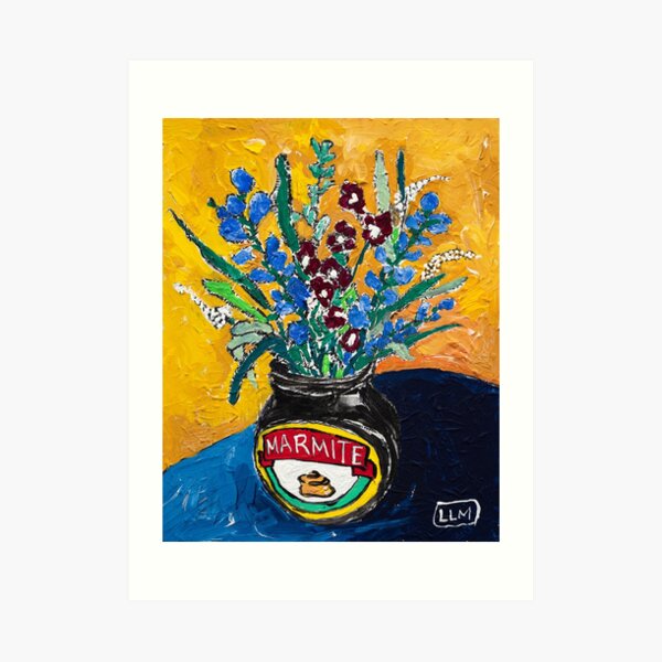 Wildflower Bouquet in Marmite Vase on Mustard Gouache Still Life Painting Art Print