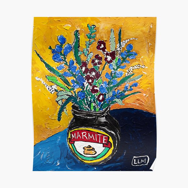 Wildflower Bouquet in Marmite Vase on Mustard Gouache Still Life Painting Poster