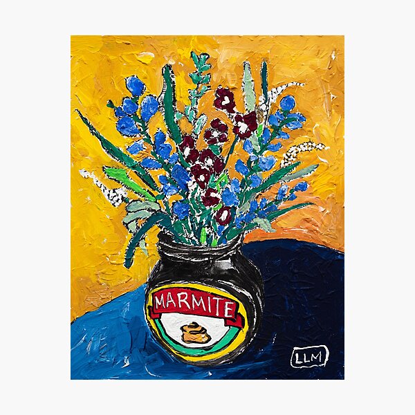 Wildflower Bouquet in Marmite Vase on Mustard Gouache Still Life Painting Photographic Print