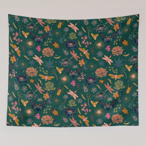 Item preview, Japanese flowers insects green designed and sold by Chelsea Swan.
