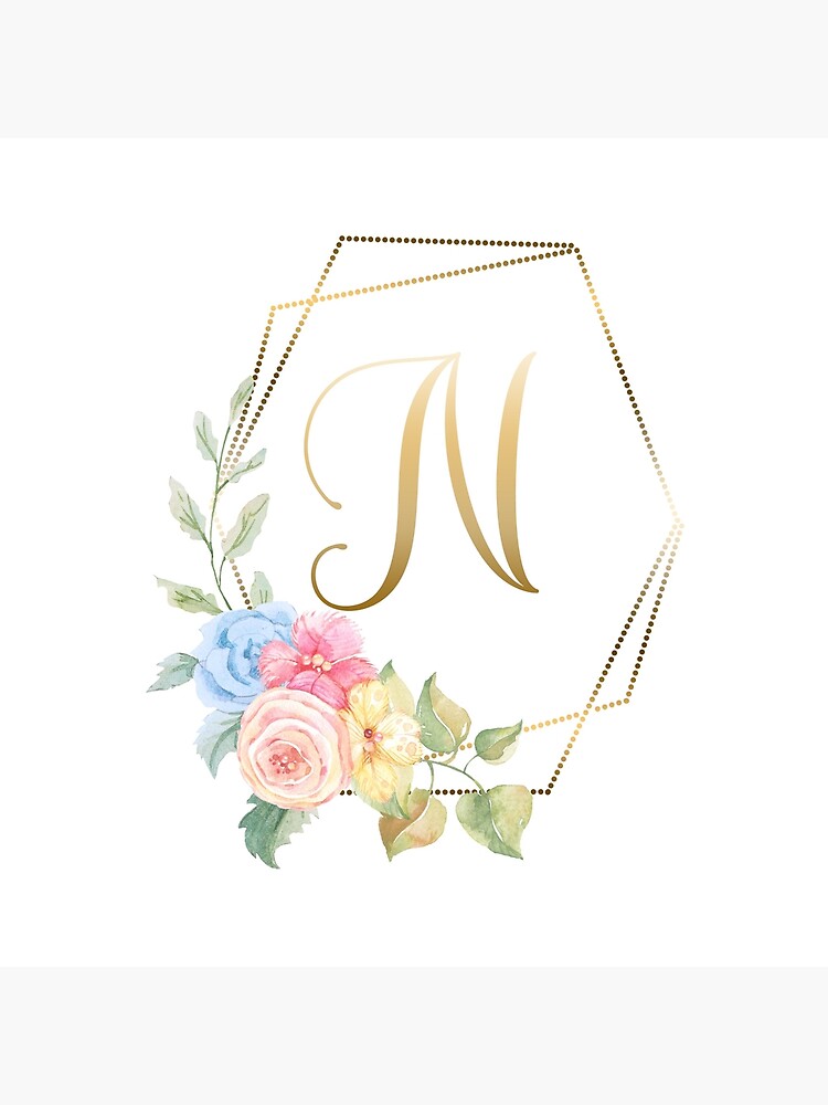 Gold Monogram Floral Letter N Initial T-Shirt