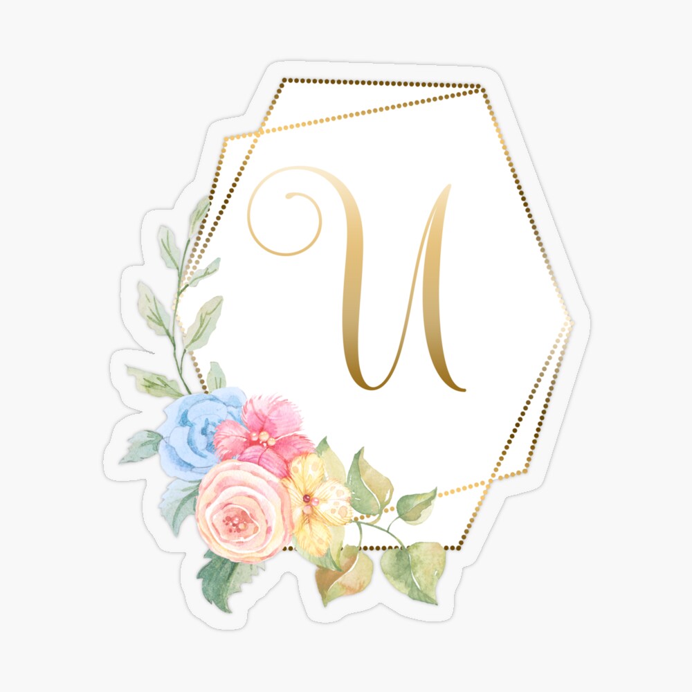 Floral gold alphabet, letter u with watercolor flowers and leaves