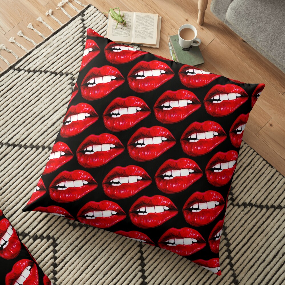 Lip Pattern - Black Floor Pillow