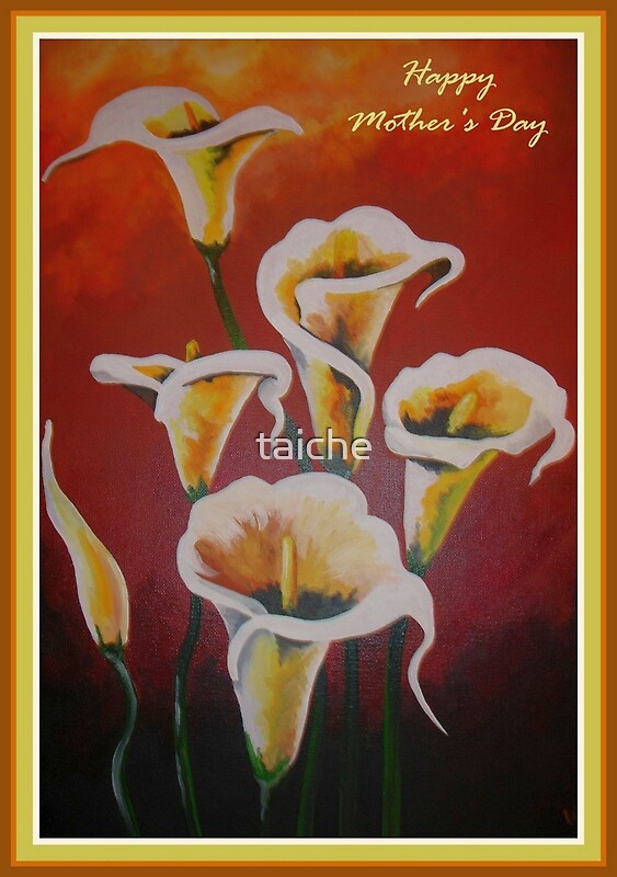 "White Calla Lilies Happy Mother's Day Greetings" Greeting Cards by